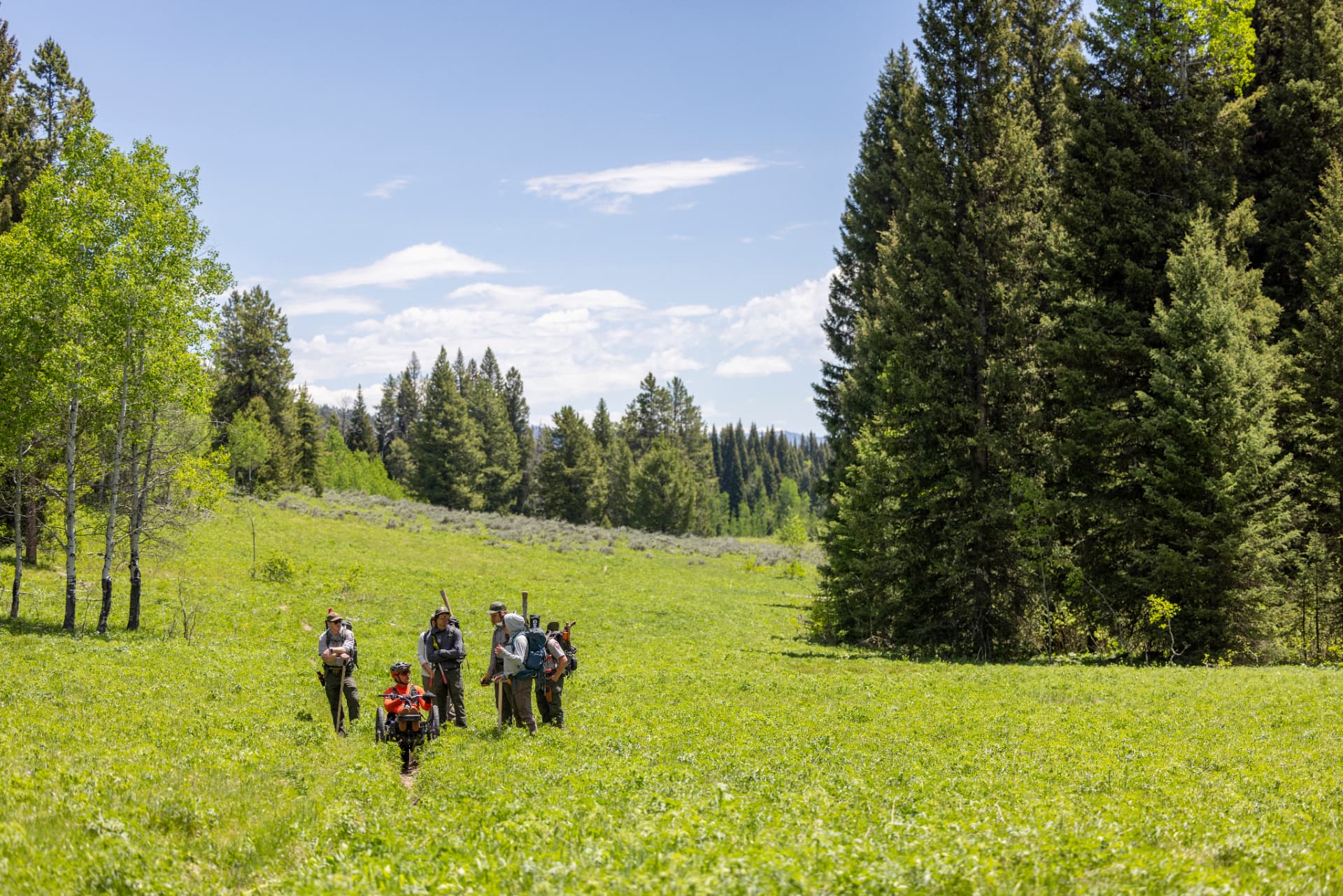 Trail crew including an adaptive rider meeting in a grassy meadow surrounded by forest